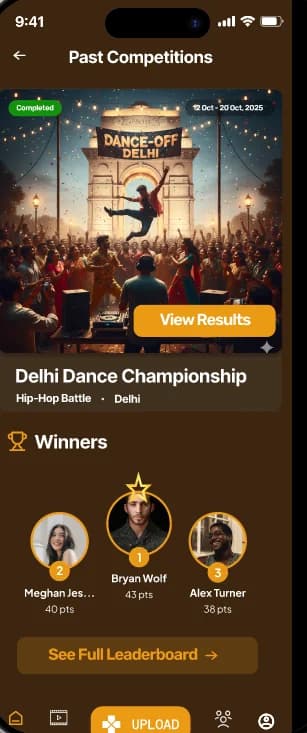 Past competition screen showing the Delhi Dance Championship winners podium
